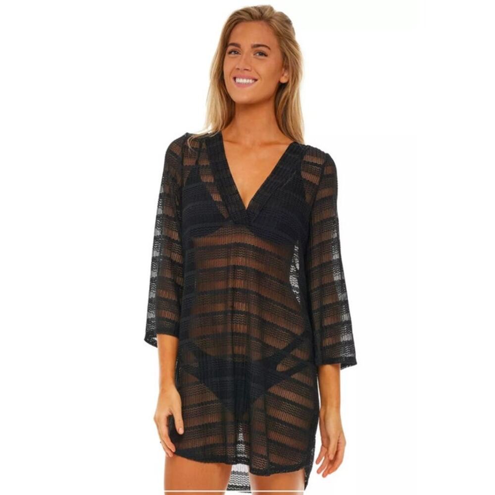 Jordan Taylor Womens Bell Sleeve Swim Cover Up Tunic Black Beachwear Shirttail